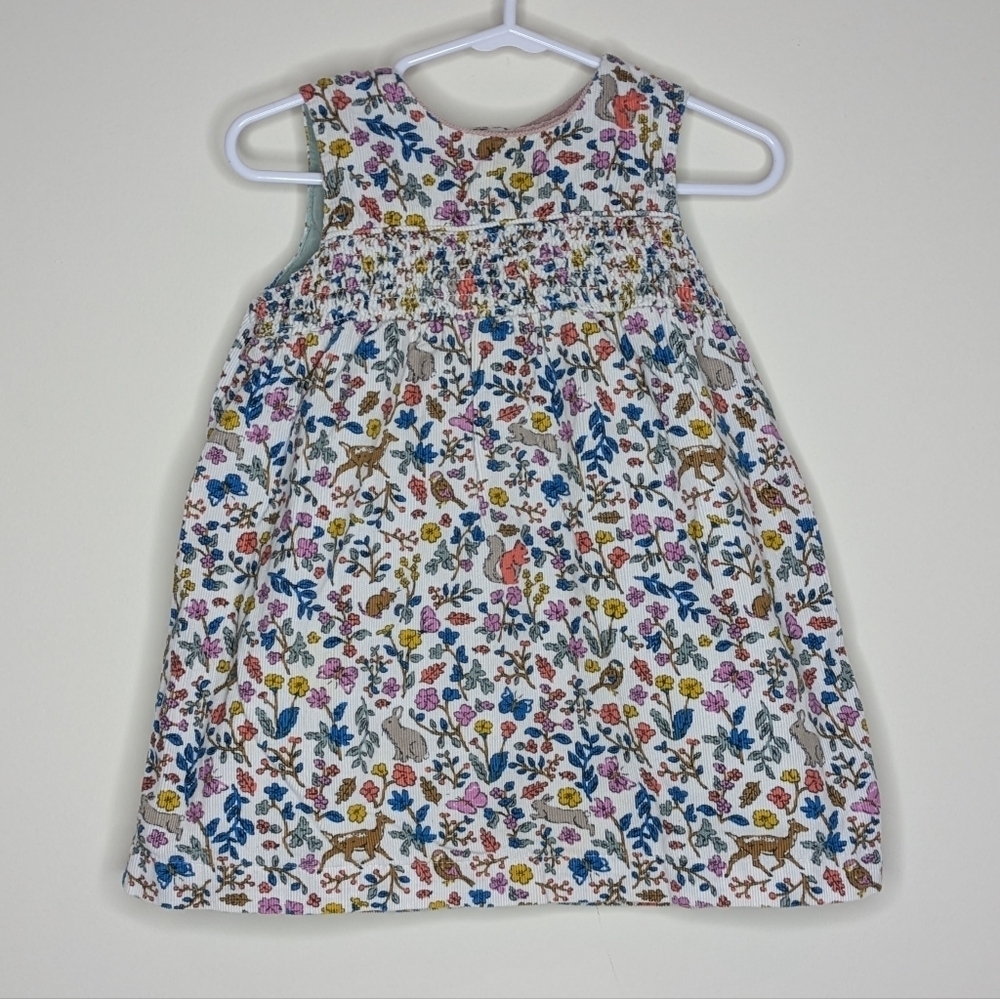 Mini Boden Woodland Animal Corduroy Lined Smocked Dress 12-18m